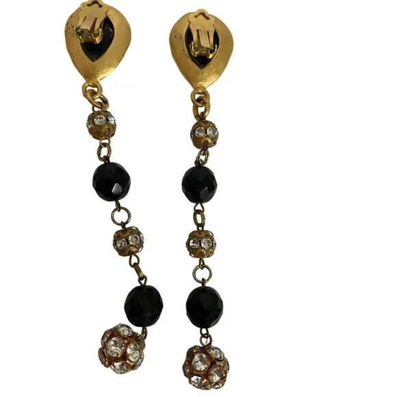 Gold & Black Faceted Glass Beads Clip-On Dangle Earrings With Rhinestone Accents - Picture 2 of 3